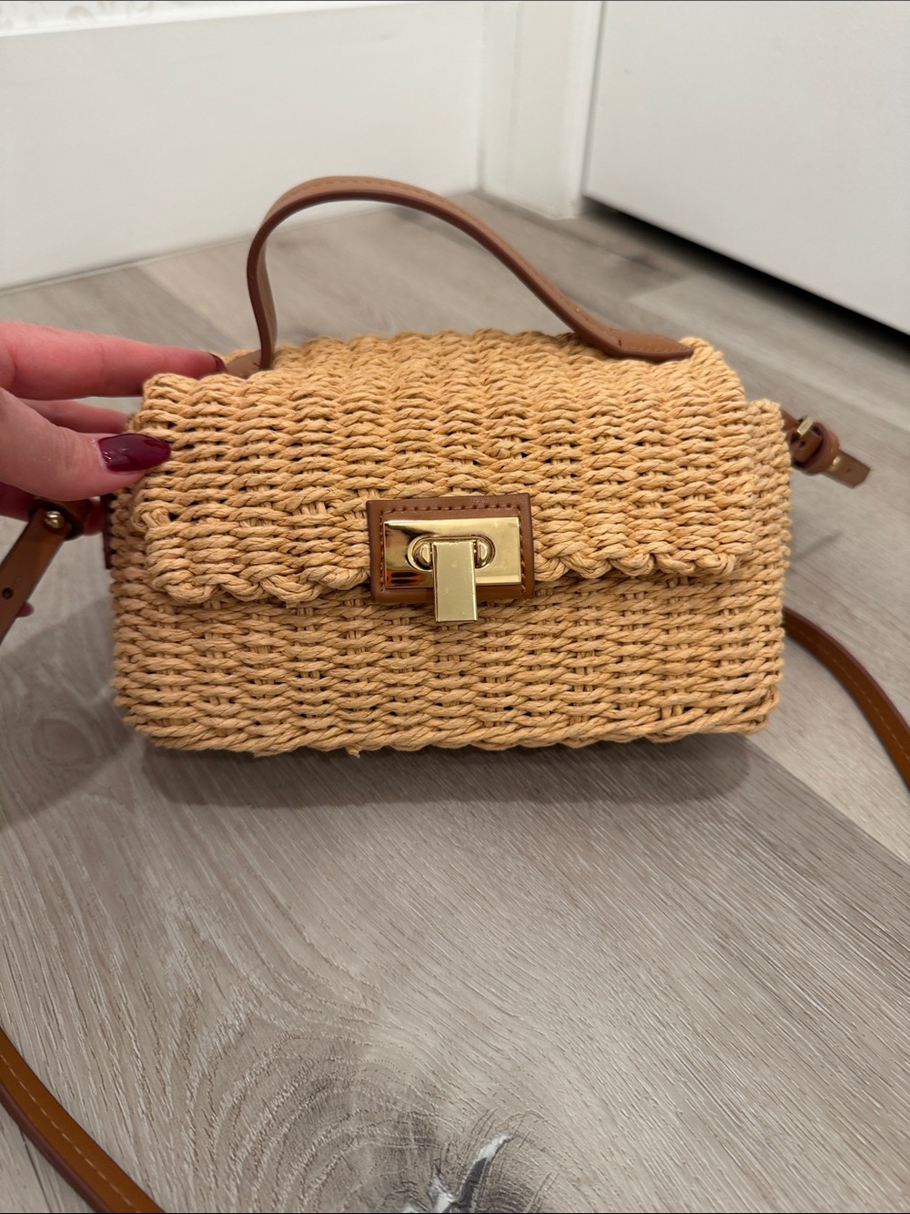 Zara Woven Straw Top-Handle Crossbody Bag in Natural Tan